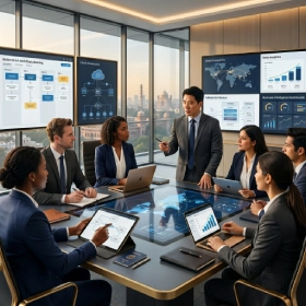 Technology consultants and business professionals collaborating on digital transformation, software development, automation, and enterprise technology solutions in a modern corporate office.