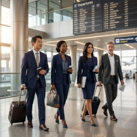 Business professionals walking through a modern international airport terminal representing global mobility, international relocation, cross-border business opportunities, and worldwide career growth.
