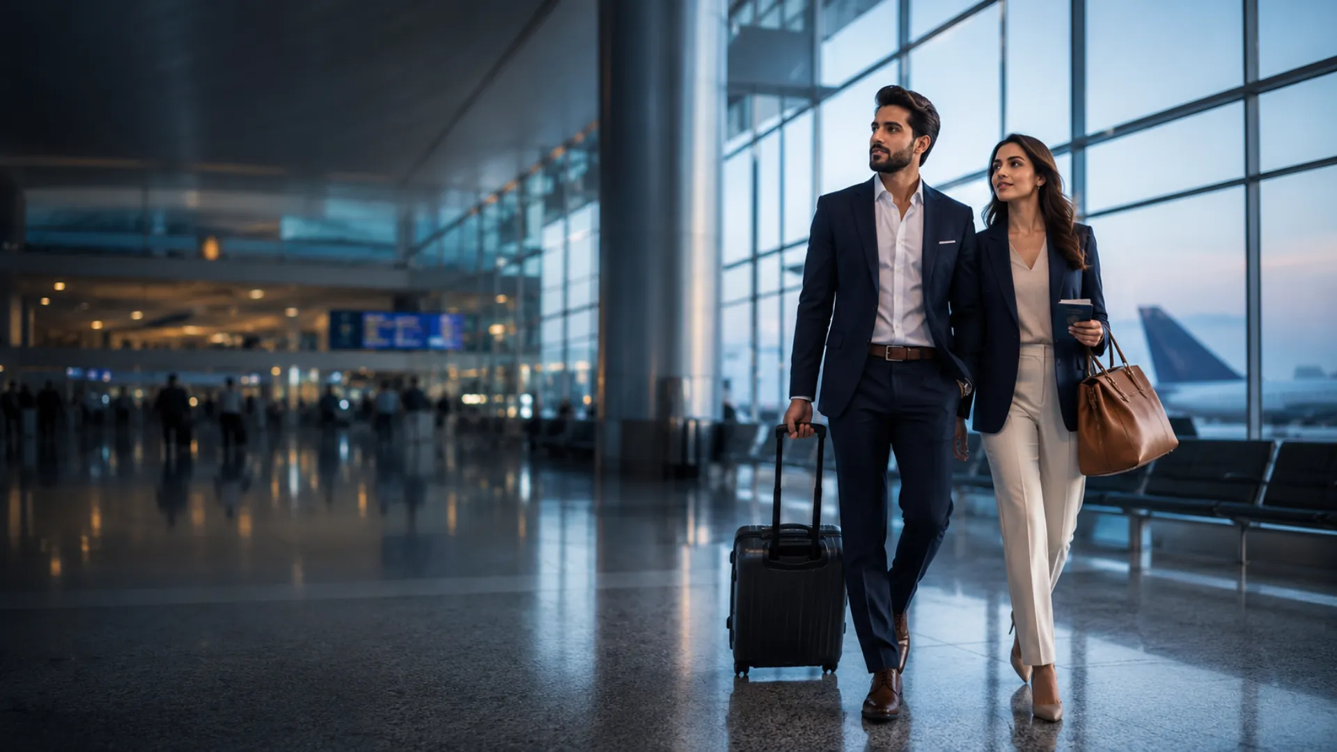 Professional couple at modern international airport representing global immigration and international mobility services