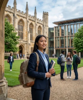 International student at a prestigious United Kingdom university campus representing global education opportunities