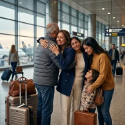 Family reuniting at an international airport representing family sponsorship and immigration reunification services