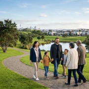 Family enjoying life together in a modern New Zealand public park representing successful immigration settlement abroad