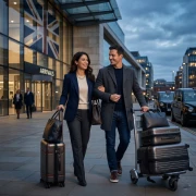 Young couple arriving in the United Kingdom with luggage representing permanent residency and relocation opportunities