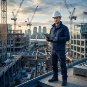 Professional engineer at a modern construction site in the United Kingdom representing skilled migration opportunities abroad