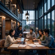 International students studying together inside a modern university library for global education opportunities
